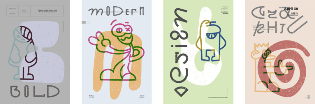 Bold abstract poster set featuring quirky linear characters and innovative contemporary lettering. Vibrant, primitive shapes meet retro minimalist typography with modern color palettes. Event graphics