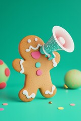 Naklejka premium 3d Christmas gingerbread man holding a megaphone on a bright green color background with copy space, Christmas promotion