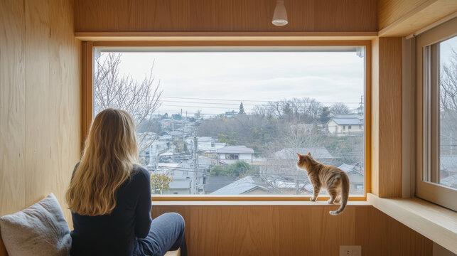 serene indoor scene featuring woman and cat by window
