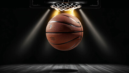 An illustration of a basketball successfully entering the ring, with a dark room background and dramatic spotlights, adds to the impression of focus and victory in the moment.