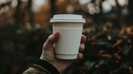 A person holding a coffee cup with a brown sleeve. The coffee cup is white and has a lid