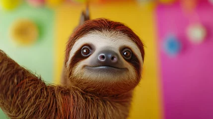 Fotobehang Dierenarts Smiling Sloth with Colorful Background: A heartwarming close-up of a sloth with an adorable smile, against a vibrant backdrop of colorful shapes and patterns.  © KN Studio