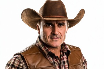 Fototapeta premium A rugged man in a cowboy hat and leather vest, exuding a tough persona.
