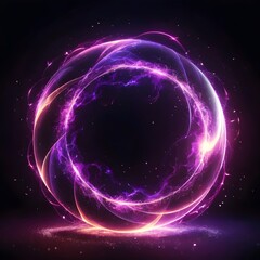 Fototapeta premium Abstract neon energy sphere of particles and waves of magical glowing on a dark background, circle and loop frames with magic purple and pink flame and sparks