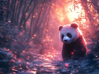 A charming baby panda wanders through a magical bamboo forest illuminated by soft pink and orange light, surrounded by glowing fireflies and enchanting vegetation