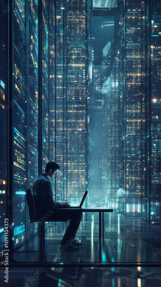 Aufkleber a man is sitting at a table in a large room with many lights