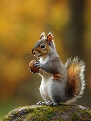 Obraz premium A charming squirrel holding a nut, set against a vibrant autumn background, showcasing nature's beauty.