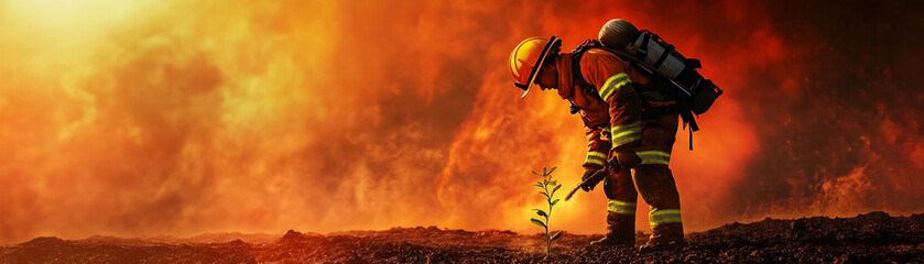 Firefighter Sowing Seeds of Hope Amidst Vivid Sky and Ash Covered Earth