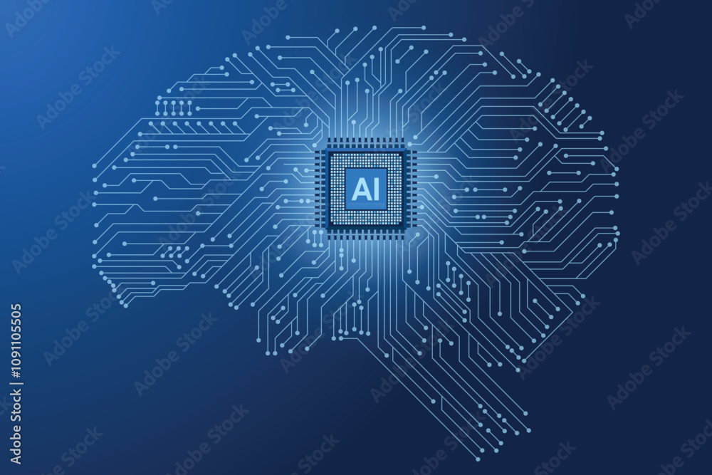 Poster ai micro chip on brain illustration. digital brain with ai chip and circuit. machine learning techno