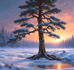 Illustration of winter landscape with lonely tree.