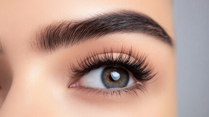 Naklejka premium Close-Up View of Stunning Eye Featuring Natural Lashes, Defined Eyebrow, and Captivating Iris with Striking Colors Against a Soft Background