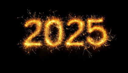 2025 Celebration with Golden Sparklers on Black Background