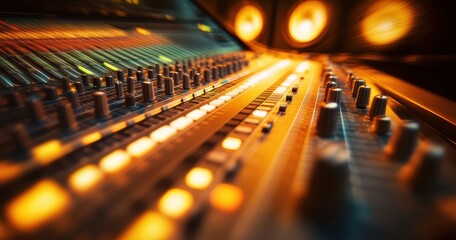 Fototapeta premium Close-up of a music mixing console with glowing knobs and vibrant lights.
