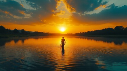 Fototapeta premium Silhouetted person wading in calm lake water at sunset.
