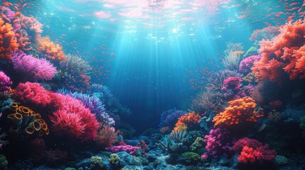Obraz premium Vibrant coral reef teeming with colorful marine life in a sunlit underwater paradise. Generative AI