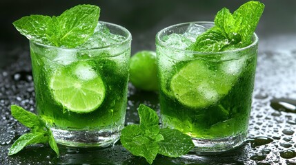 Fototapeta premium Refreshing mint lime drinks bar counter beverage photography indoor setting close-up view summer vibes