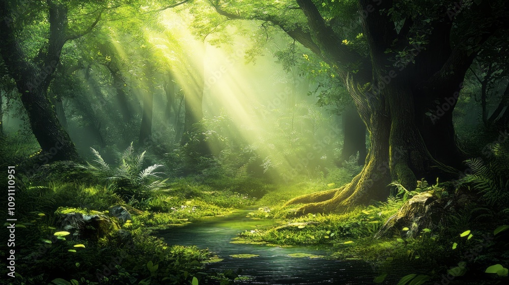Poster A forest with a stream running through it