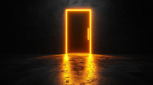 A glowing neon door in a dark, reflective room.