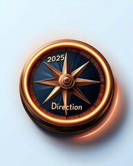 Personal growth concept through 2025 goal setting. Compass with directional focus for 2025 planning and guidance