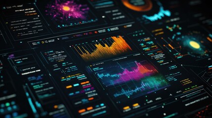 Obraz premium Vibrant Data Visualization and Analytics Dashboard with Colorful Graphs, Statistical Charts, and Interactive Elements for Insights and Business Intelligence