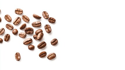 Naklejka premium Close-up of coffee beans, showcasing the intricate details of each bean. The coffee beans are scattered across the white background, creating a sense of depth and texture