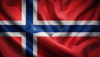 Fototapeta premium Vibrant and Textured Norwegian Flag Waving in the Breeze. Symbol of National Pride and Nordic Heritage. Perfect for Cultural Presentations, Travel Guides, or Scandinavian Themed Projects