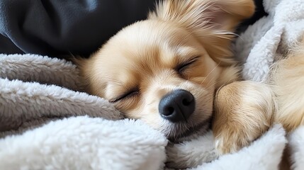 A cute, sleeping puppy nestled in a cozy blanket, radiating warmth and serenity. Perfect for pet lovers.