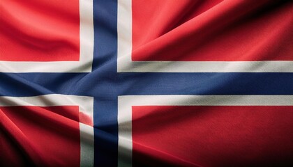 Fototapeta premium Vibrant and Textured Norwegian Flag Waving in the Breeze. Symbol of National Pride and Nordic Heritage. Perfect for Cultural Presentations, Travel Guides, or Scandinavian Themed Projects