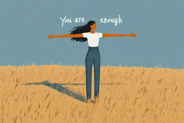 An illustrated woman with arms wide open, standing in a simple room or open field, with "You are enough" written in a playful, handwritten font, either across or around the figure
