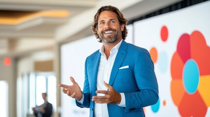 Obraz premium Man in a blue suit is smiling and talking to a crowd. Concept of confidence and positivity, as the man is giving a speech or presentation