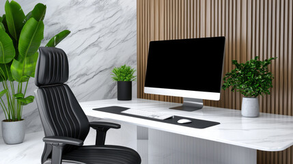 Fototapeta premium Modern workspace featuring sleek desk, ergonomic chair, and plants. minimalist design emphasizes productivity and comfort in stylish environment