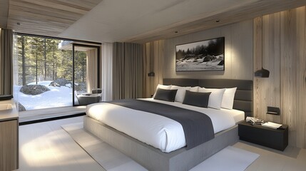 Fototapeta premium Luxury bedroom design modern cabin interior decor nature view contemporary style relaxing atmosphere