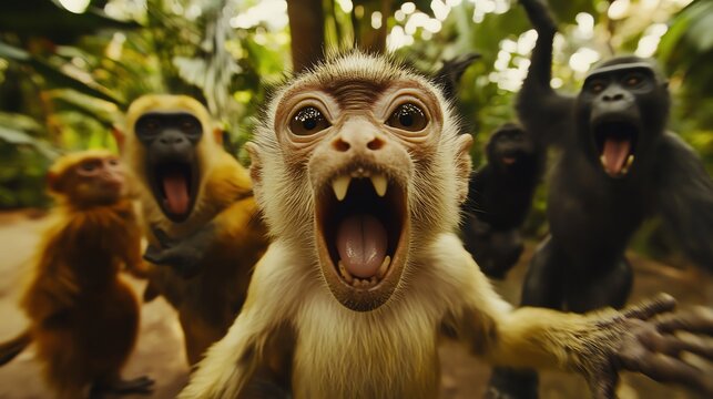 A group of playful monkeys displaying various emotions in a lush green jungle setting.