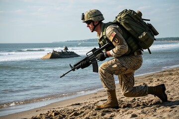 Naklejka premium Soldier Conducting Beach Landing Operations at Normandy Coast