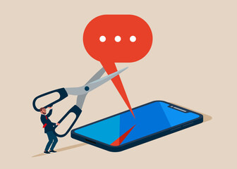 Businessman uses scissors to cut out the message. Block unwanted messages, filter messages from unknown senders. Do not disturb. Flat vector illustration.