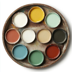 Colorful paint palette filled with various vibrant hues. isolated on white background.