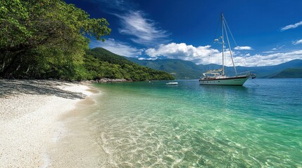 Obraz premium A beautiful beach scene with clear, turquoise water, white sand, and a sailboat docked by the beach, ready for a day of sailing