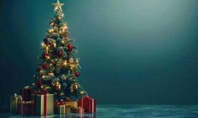 Medium sized Christmas tree filled with presents and a green background.
