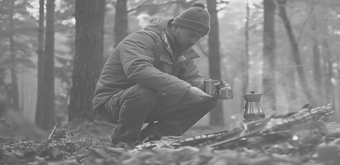 Fototapeta premium A man enjoys a quiet moment in the woods, brewing coffee over a campfire.