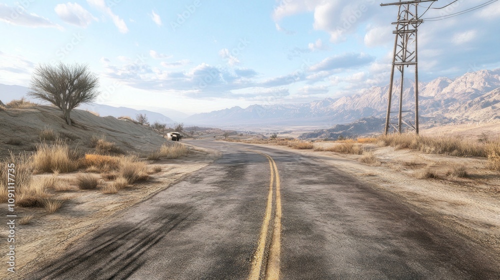 Poster a desolate road with a power line in the background