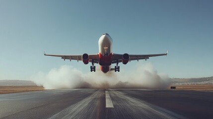 Naklejka premium Airplane Taking Off from Runway at Sunrise, Dust Clouds Lifted in the Air with Bright Blue Sky in Background, Symbolizing Travel and Adventure