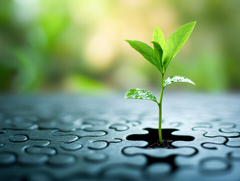 Eco-Friendly Innovation Green Plant Growing from Puzzle Piece, Symbol of Sustainability and Growth in Environmental Strategy