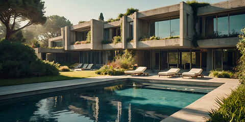 futuristic brutalist villa building in the hill, created by generative ai