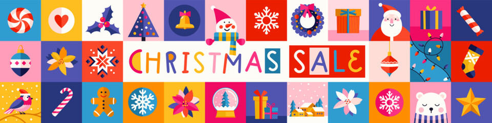 Christmas sale modern geometric banner template. Abstract xmas holiday mosaic poster with seasonal decoration. Festive, minimalist december sales header.