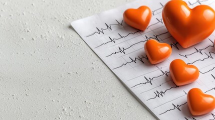 Portable ECG monitor, electrodes, and heart rhythm data arranged neatly on a sterile white surface