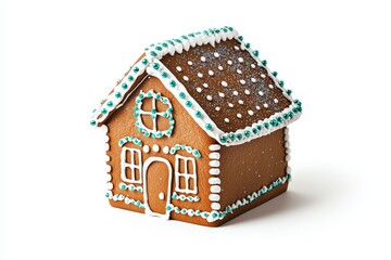 A decorated gingerbread house with colorful icing and candy details, perfect for festive celebrations and holiday traditions.