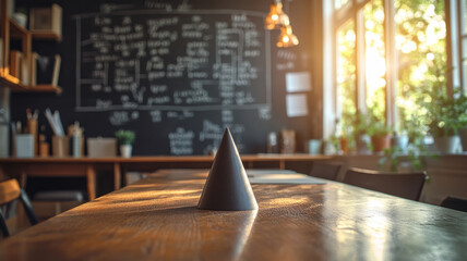 Cone on classroom table with blackboard in background.
