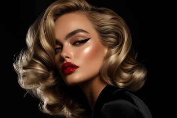 Fototapeta premium Elegant Classic Vintage-Inspired Portrait of Glamorous Model with Bold Makeup