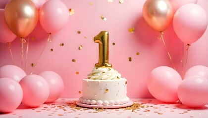 A pink and gold 1st birthday anniversary celebration with balloons and confetti