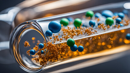 Close up of chemical materials in glass tube, glass tube, glass flask, chemical experiment, ai generated